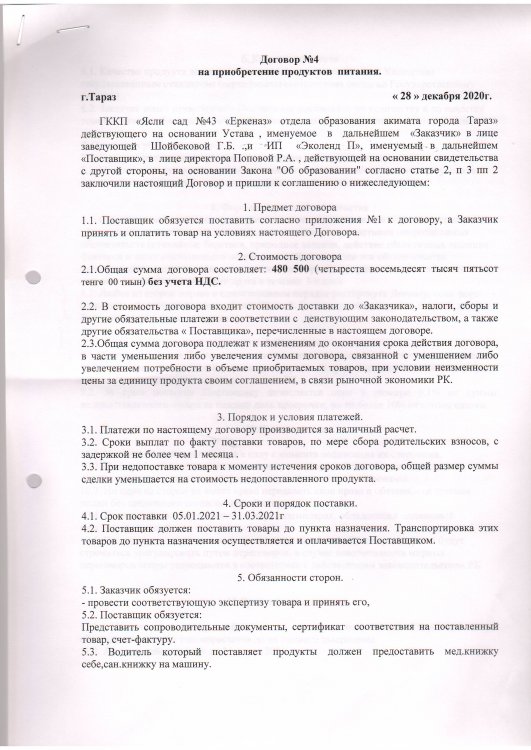 Договор питание №4 ИП Эколенд  2021