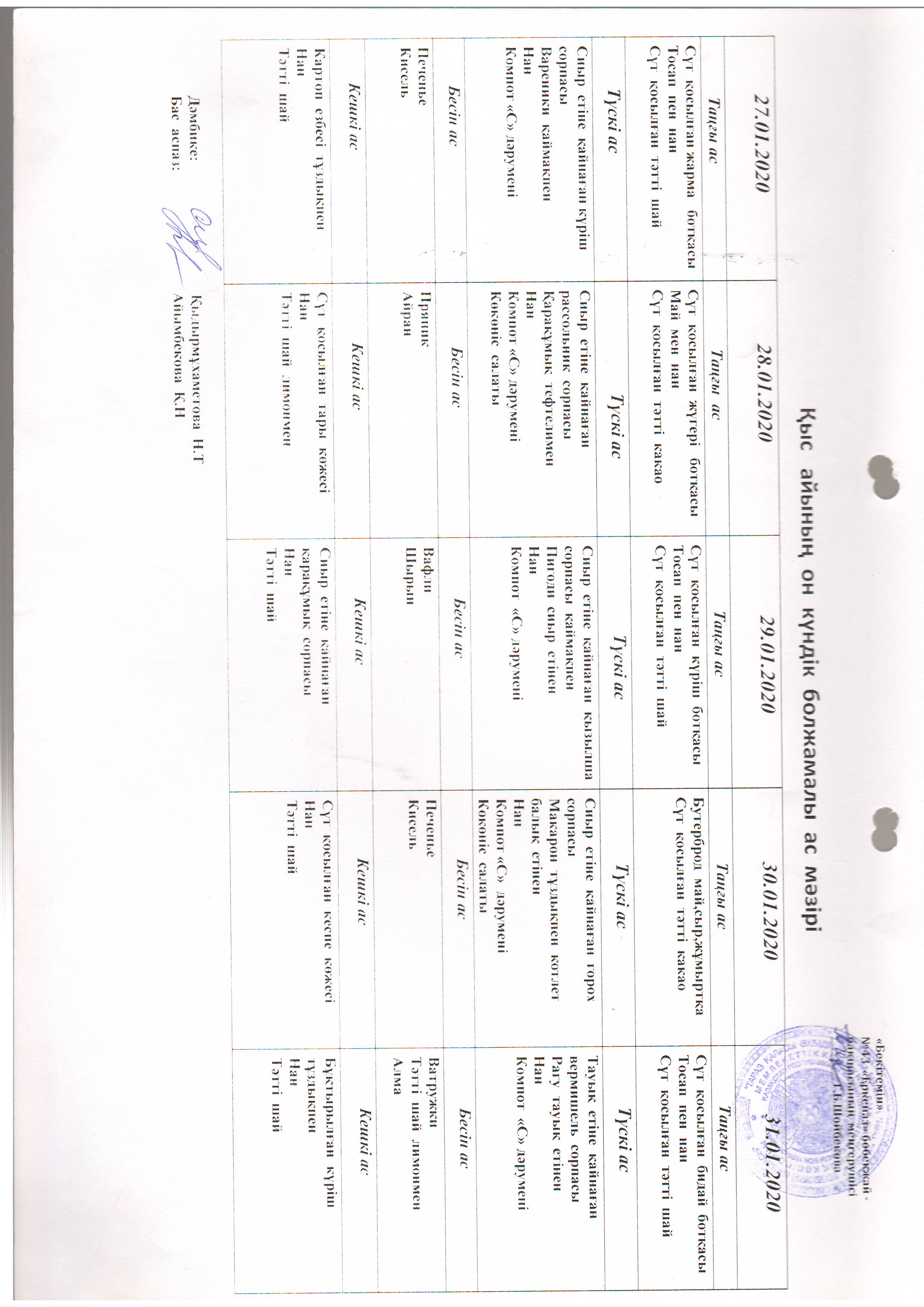 Перспективное меню январь 2020