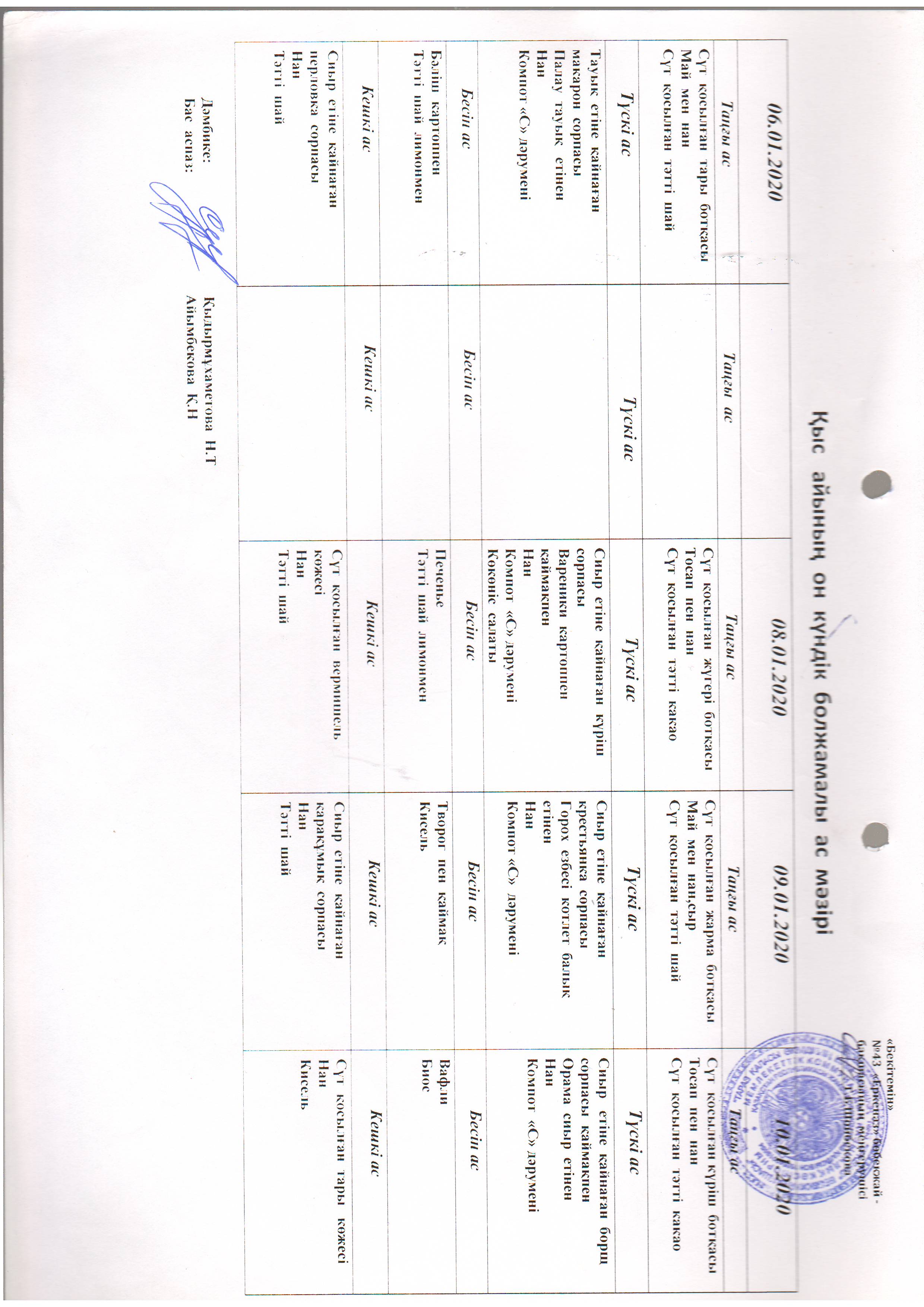 Перспективное меню январь 2020