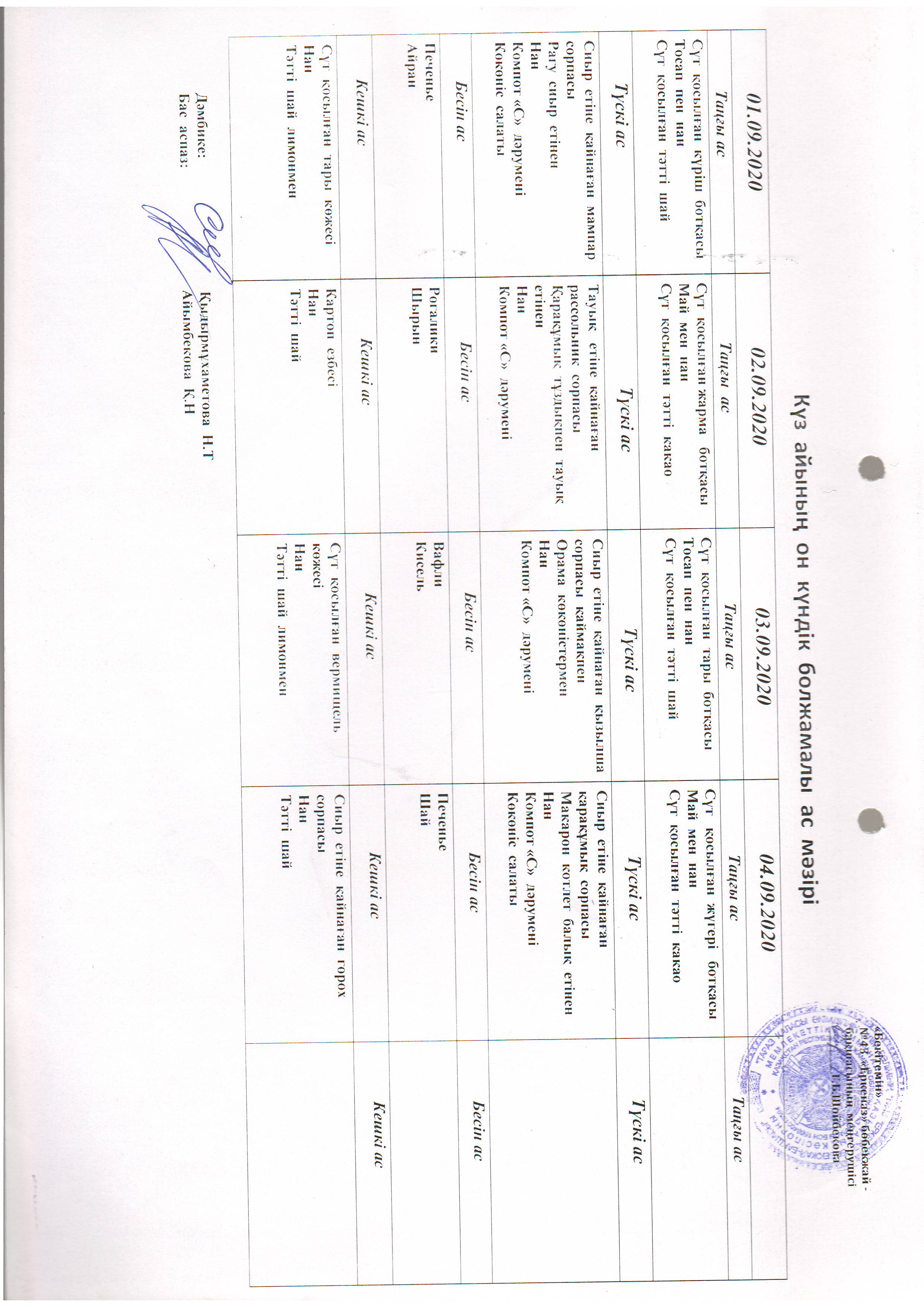 Перспективное меню сентябрь 2020