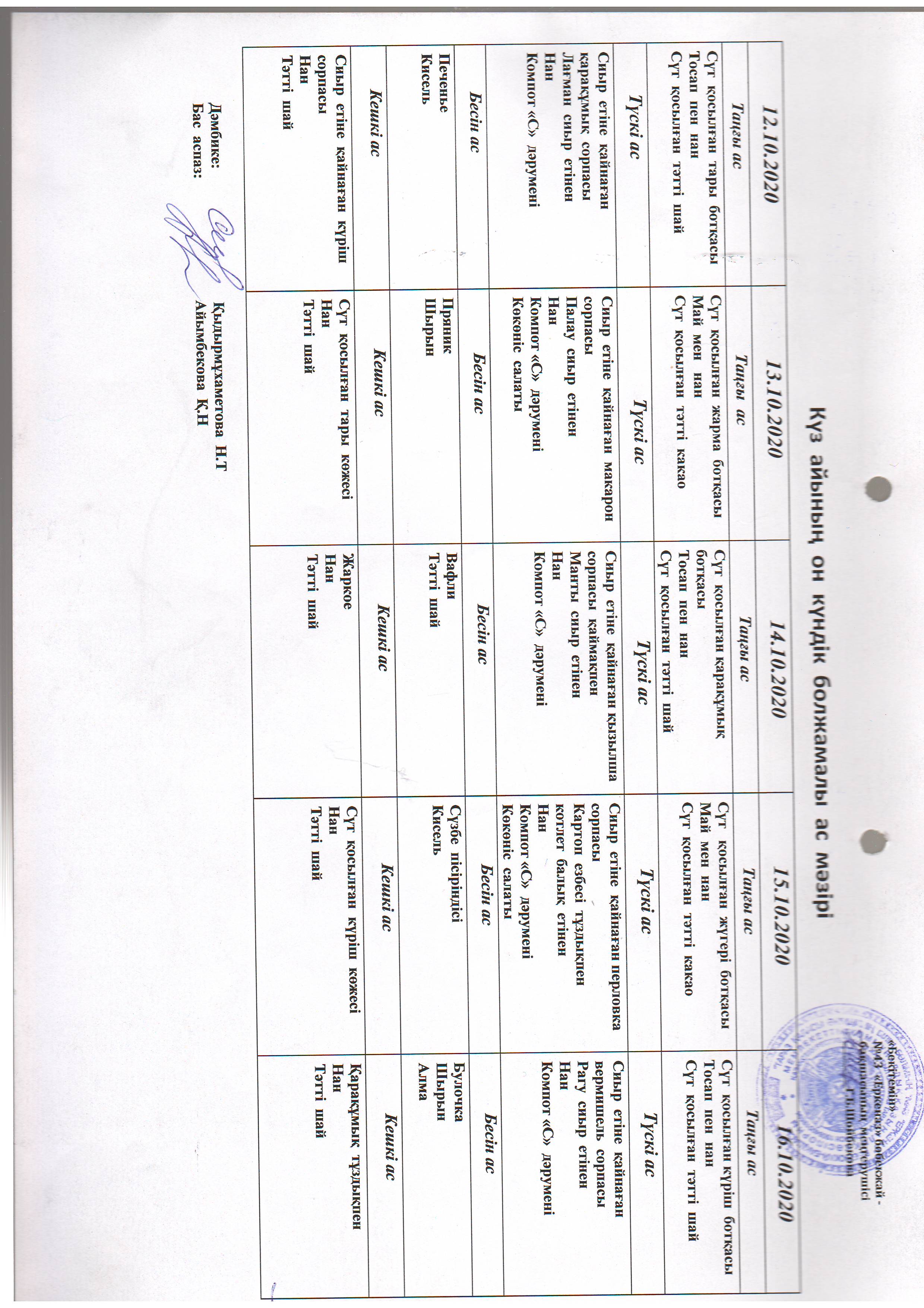 Перспективное меню октябрь 2020