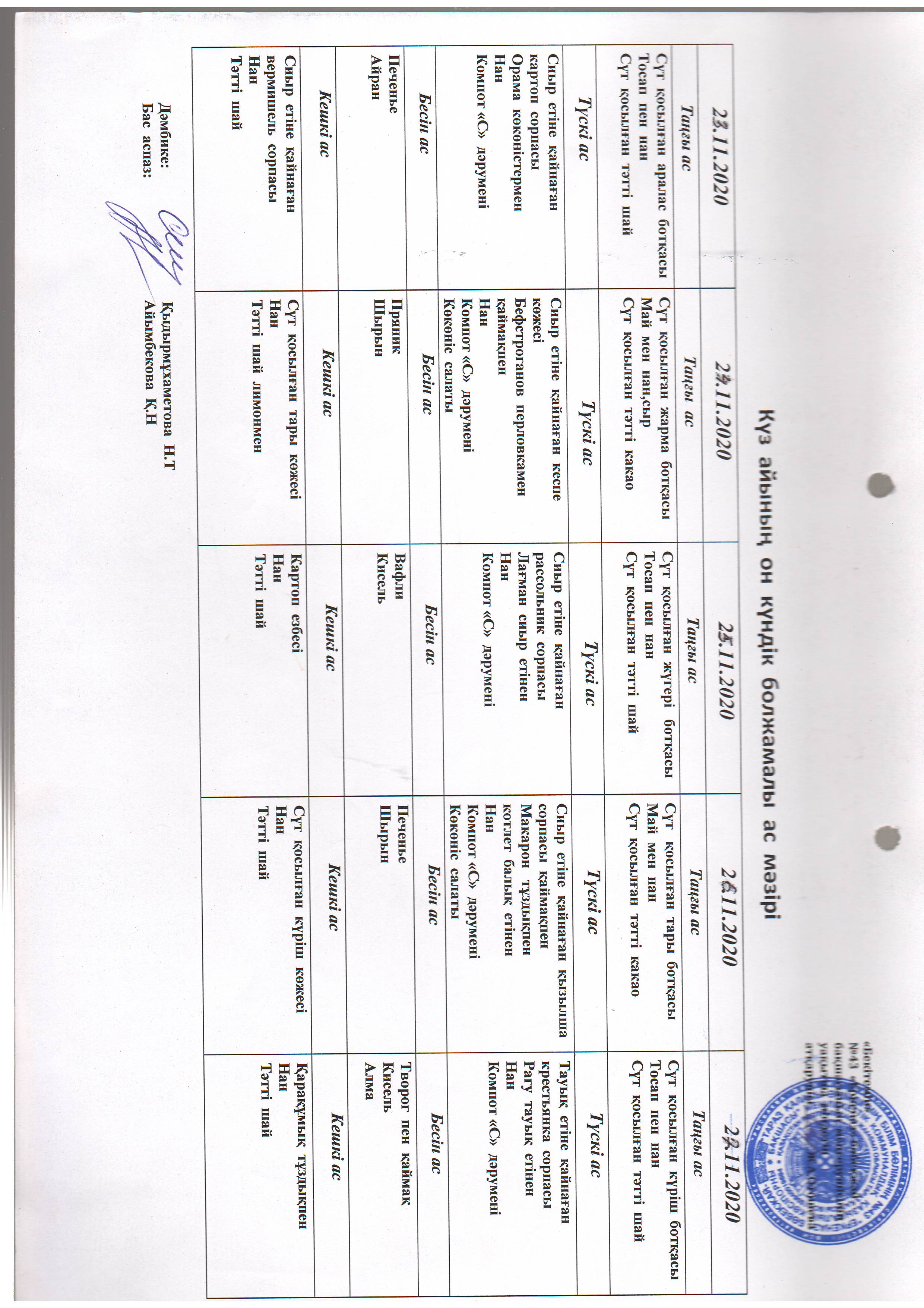 Перспективное меню ноябрь 2020