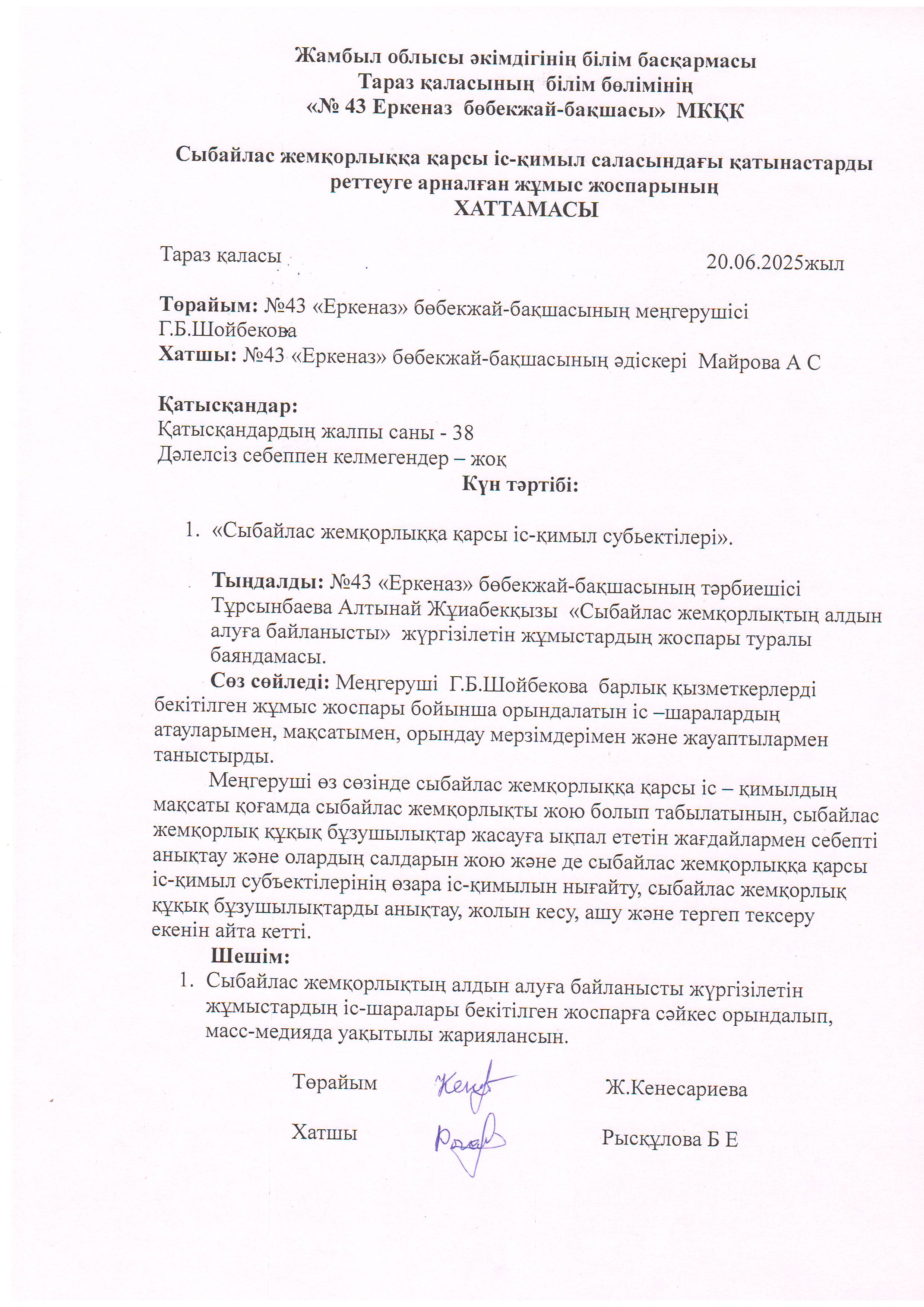 Сыбайлас жемқорлыққа қарсы іс-қимыл саласындағы қатынастарды реттеуге арналған жұмыс жоспарының хаттамасы